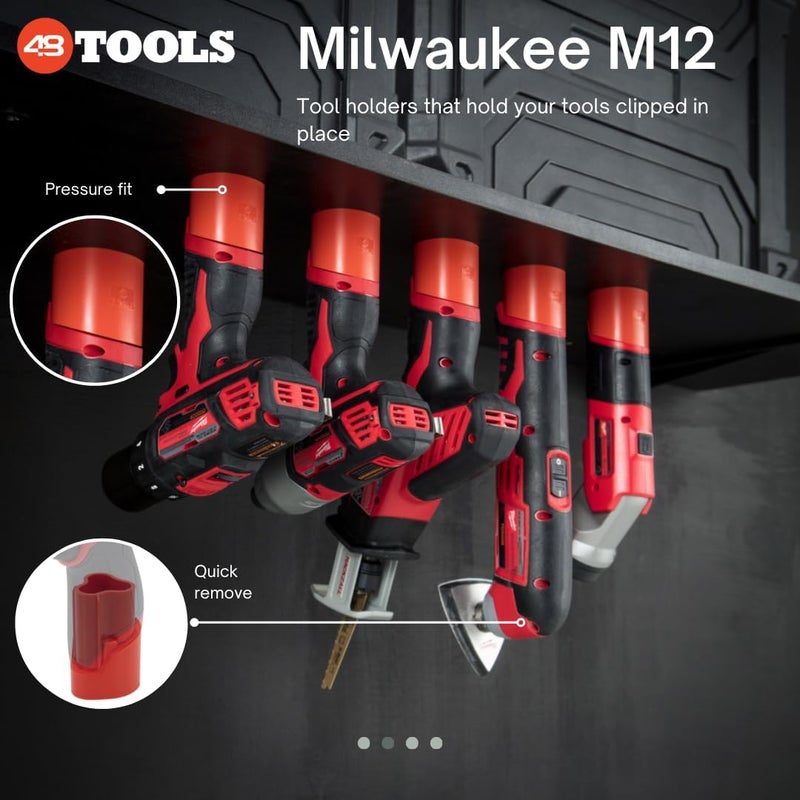 48 Tools Milwaukee M12 12V Tool Mount Holder, 4 Pack with 1/4" Nut Insert, Strong UV-Stabilized ABS - Clip-in Design for Tradesmen - Image 2